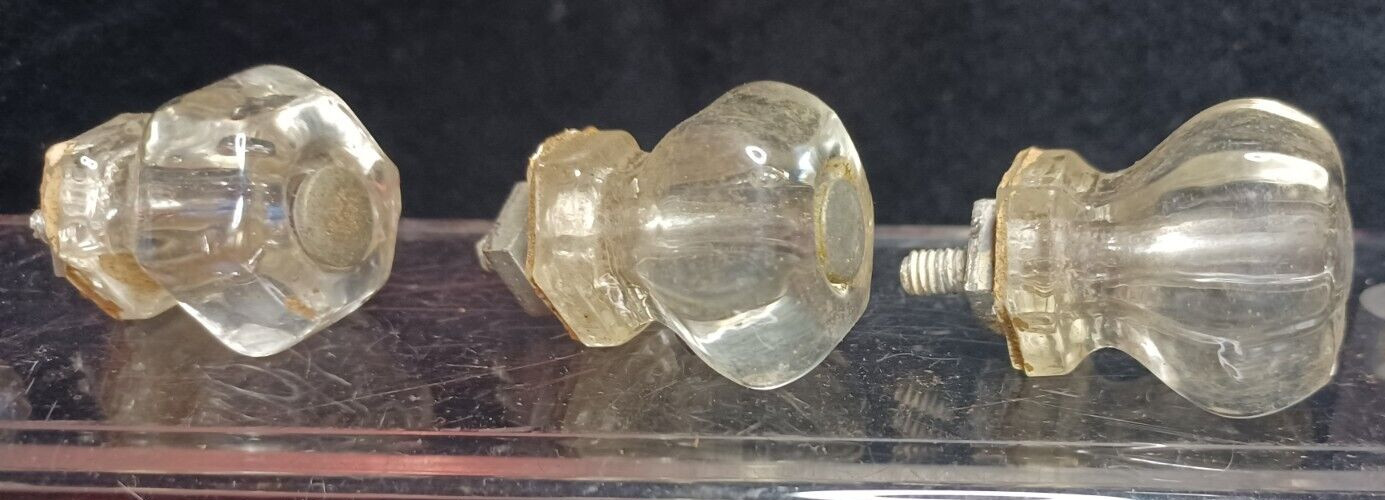 8 Vtg Antique Clear Glass Hexagon Dresser Drawer Cabinet Pulls Knob 1 ” Knobs