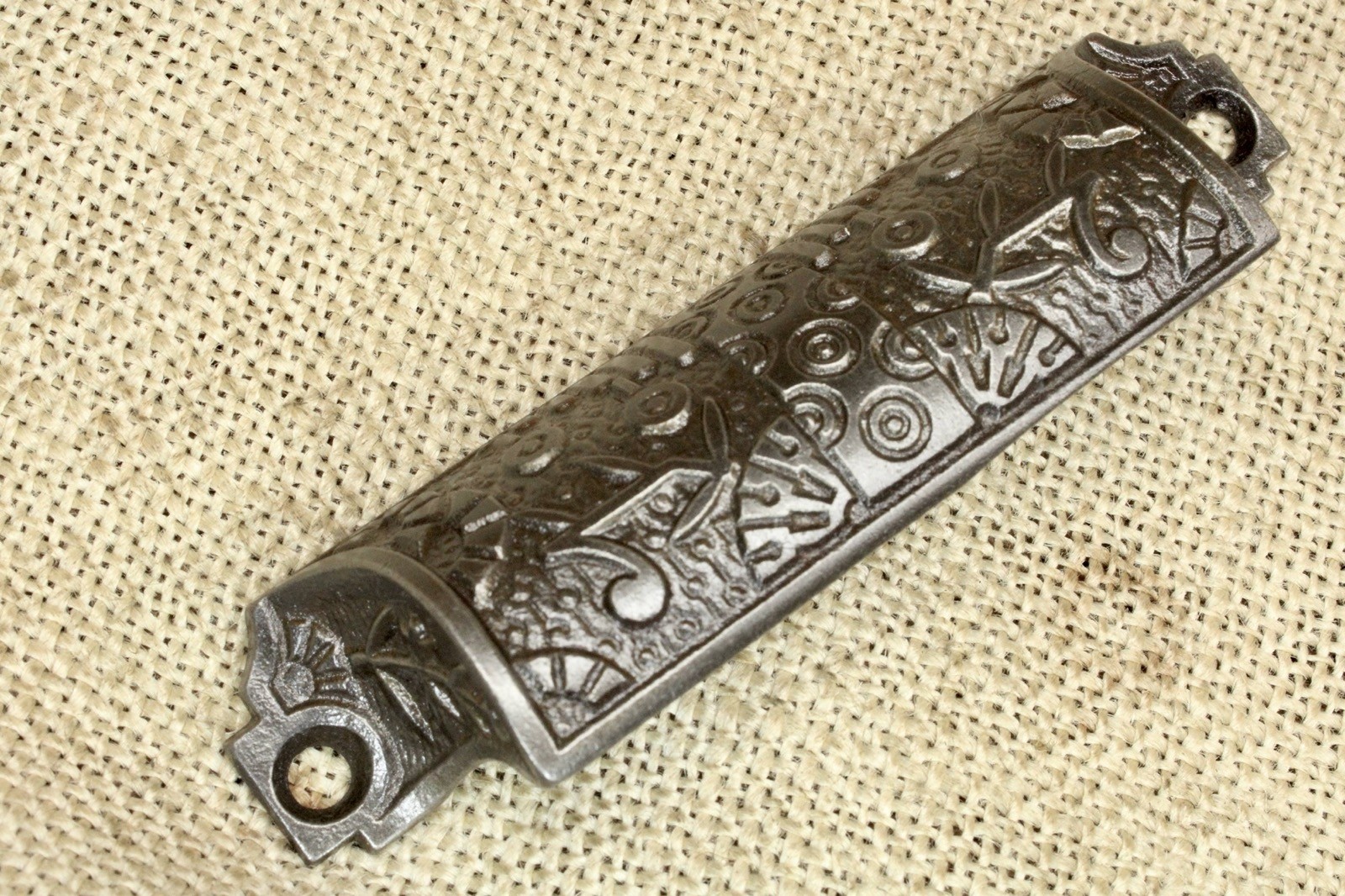 Old Drawer Bin Pull Handle 4 1/4” Rectangular Windsor 1880’s Cast Iron Floral