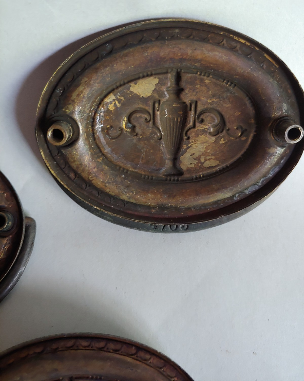 3 VTG/Antique Brass Drop Drawer Pull Oval Backplate Iron Drop Embossed Urn 1920s