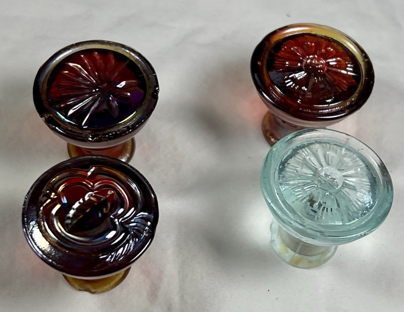 Vintage Glass Cabinet Knobs, 3 reddish Orange, One Greenish Clear,1 1/4 Inch