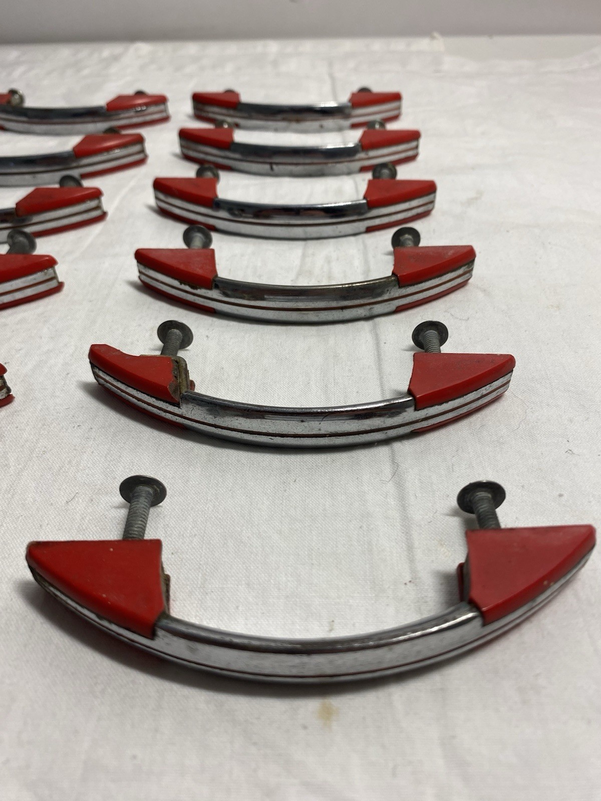 12 Vintage ART DECO MCM Diner Style Cabinet Handles Pulls Chrome Red Nice