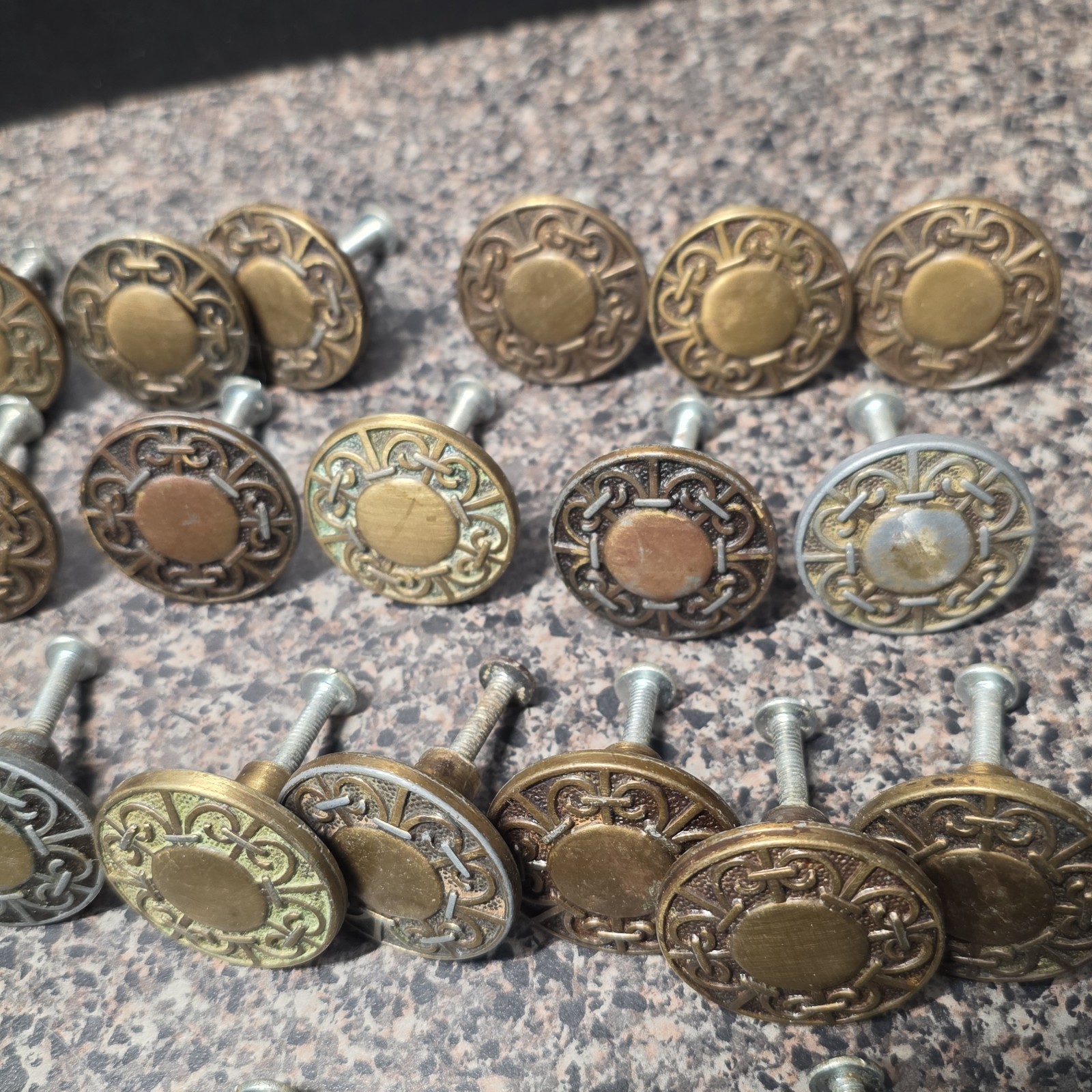 Vintage 1960s Amerock Carriage House Cabinet Knobs Lot Of 29 Mixed Finish 1-3/8″
