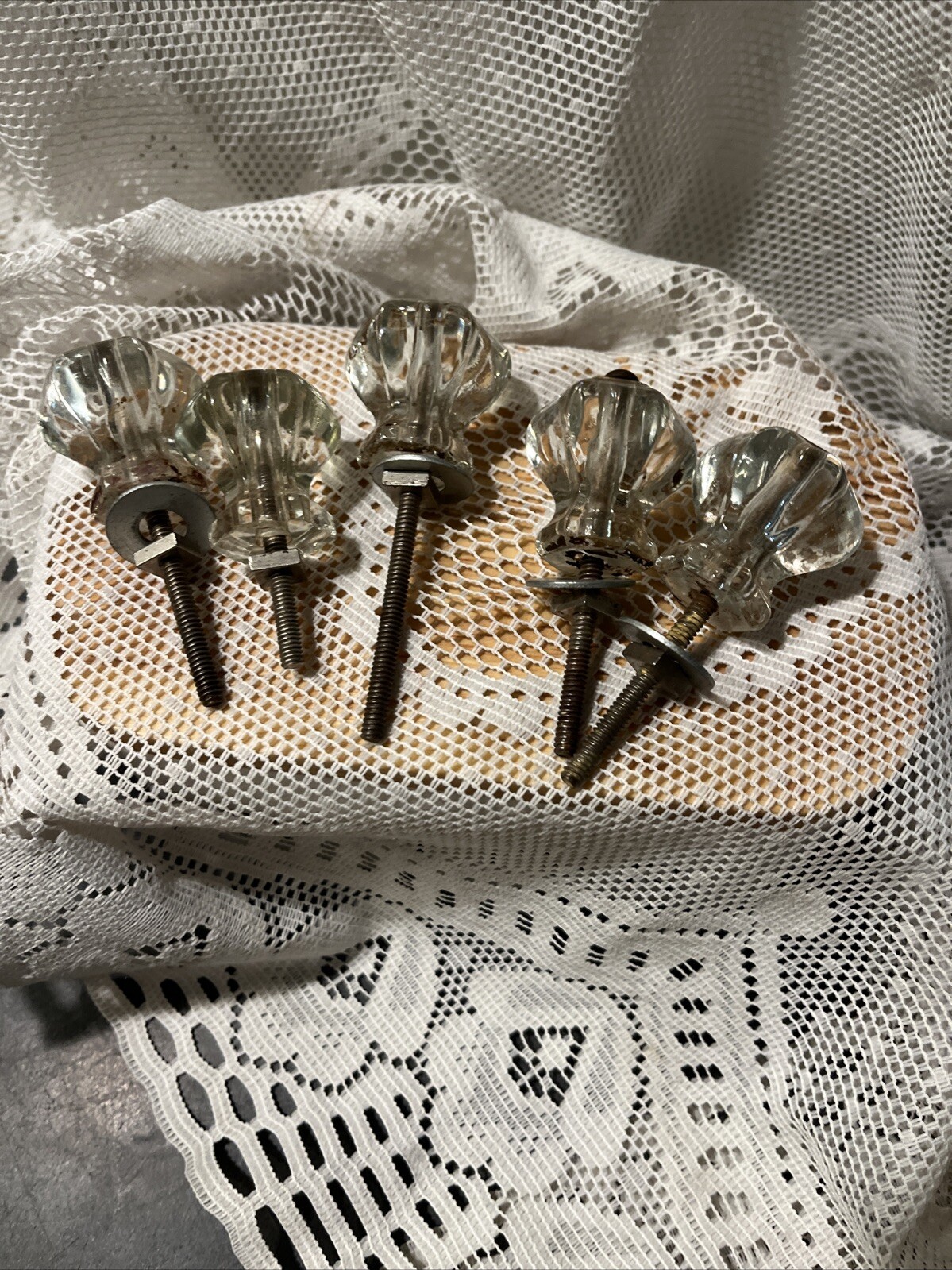 5 Vintage Antique Clear Glass Hexagon Dresser Drawer Cabinet Pulls Knob 1 1/2″