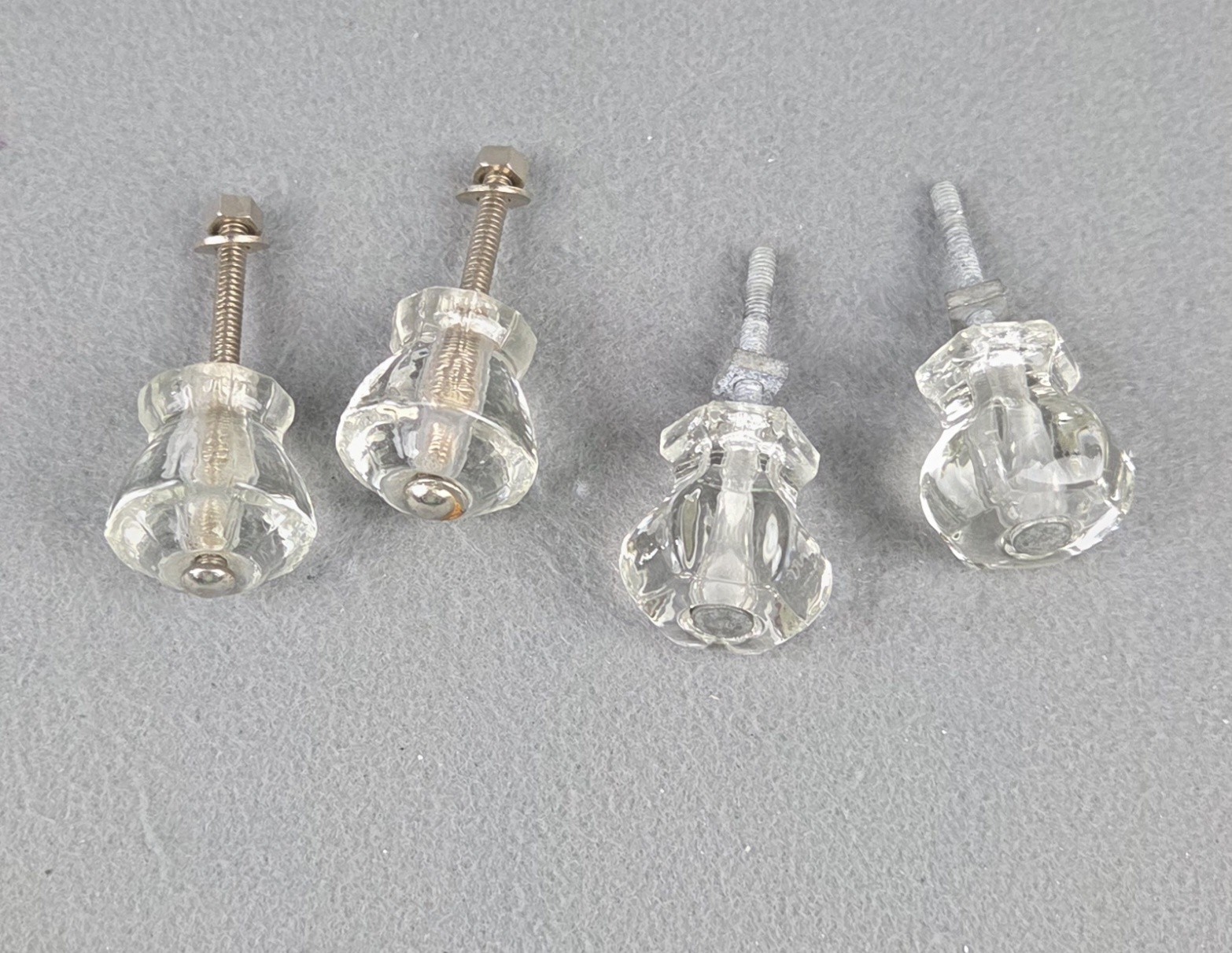 4 Vintage Clear Glass Drawer Pull Knobs Unmatched Sets 2 Hexagonal & 2 Decagonal