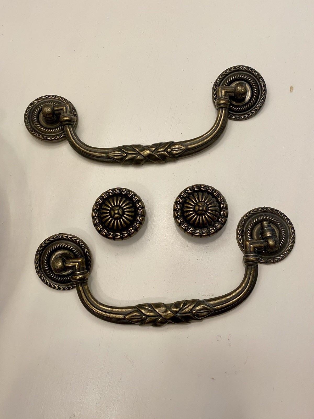 Vintage Brass Drawer Hardware 2 Knobs & 2 Drop Pulls 5”Ornate Traditional Style