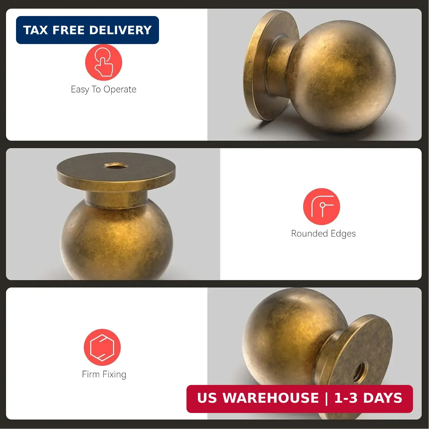 homdiy 10 Pack Antique Cabinet Knobs, Round Retro Brass Drawer Dresser Handles B