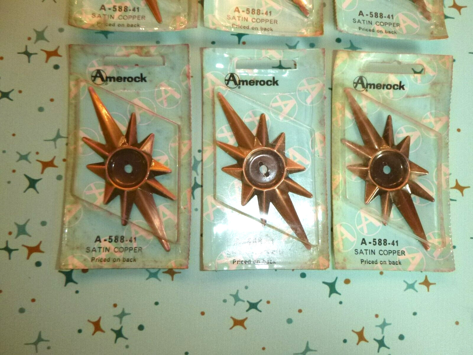 6 NOS Vtg Mid Century Amerock Starburst Backplates Satin Copper Cabinet Hardware