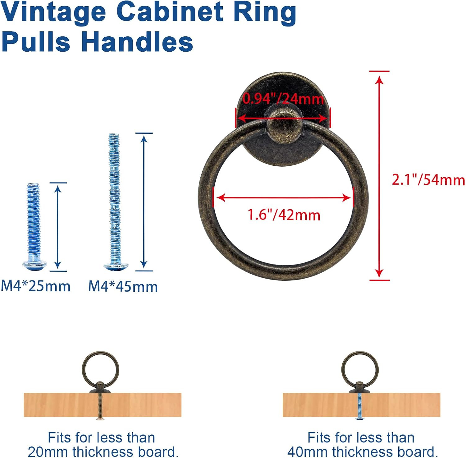 6 Pcs Antique Bronze Ring Pull Handle Knobs, Vintage Dresser Drawer