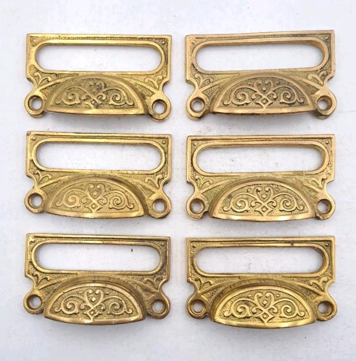 Card Label Bin Pulls Drawer Pull Handle Cast Brass Antique Reproduction Set of 6