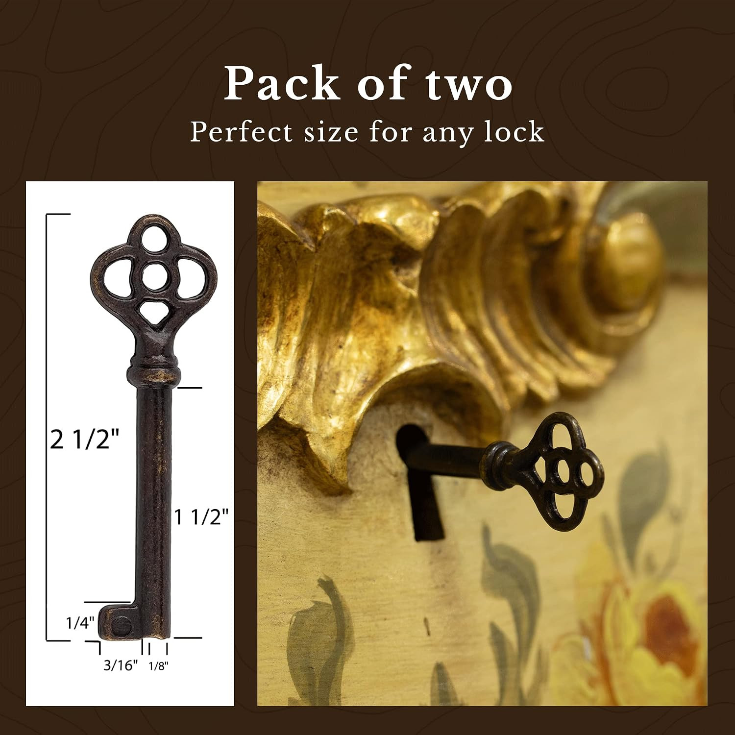 Antique Brass Hollow Barrel Skeleton Key | 2 Pc/Pack | Cabinet Doors, Dresser Dr