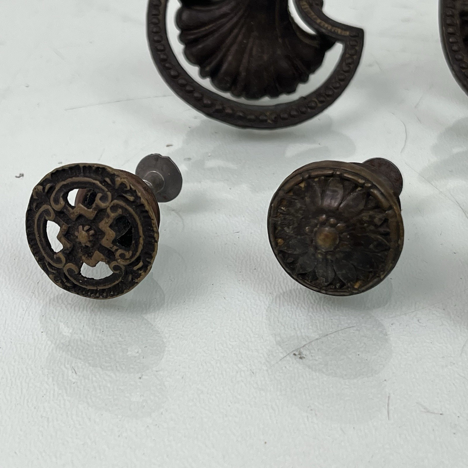 Vintage Victorian Art Nouveau Aged Brass Drawer Drop Pull Shell w/ Knobs LOT