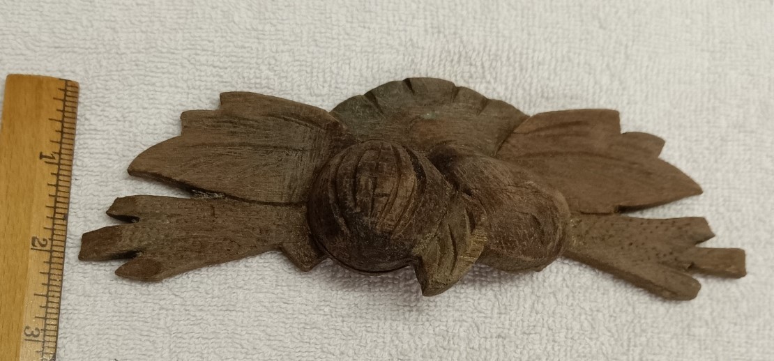 ANTIQUE WALNUT CARVED LEAF, FRUIT AND NUT PATTERN DRAWER, BIN, DOOR, HANDLE