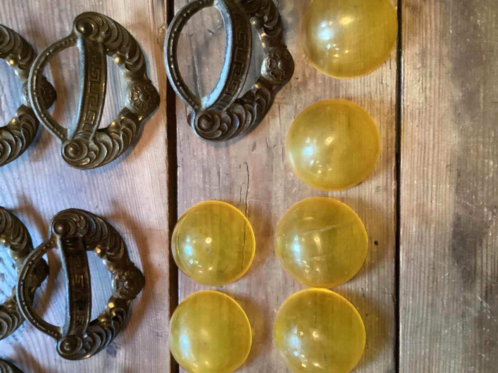 Art Nouveau Style Finger Cup Pulls Gold Bakelite?- Set of 8 – 3″ centers