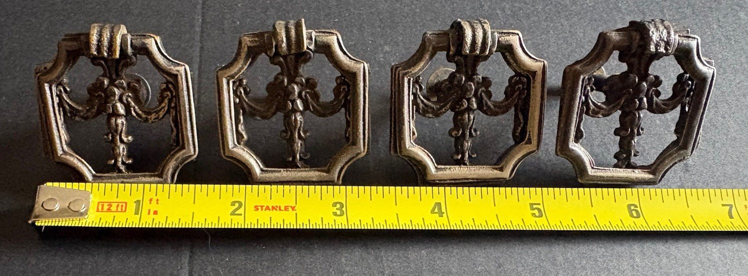 4 antique hardware drop ring drawer pull Set # 3455 Rococo Inspired Hexagonal
