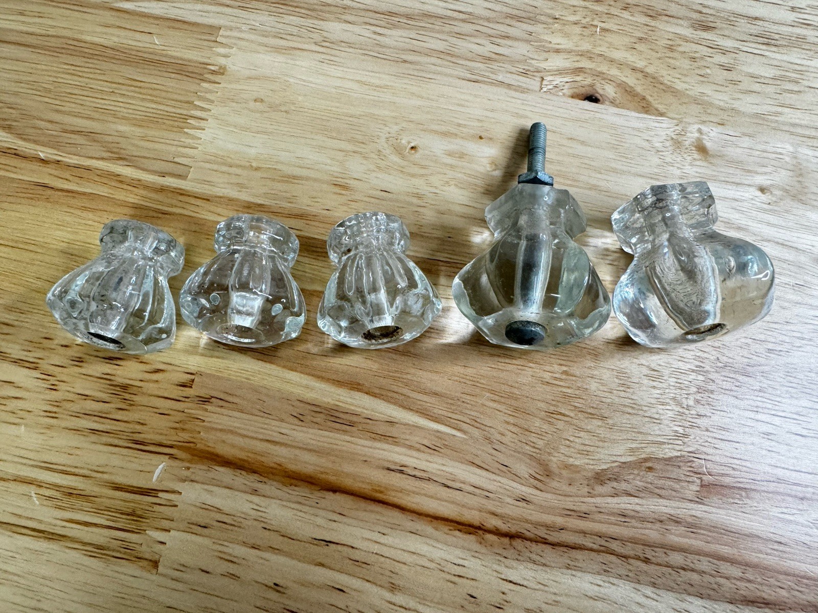 Vintage Glass Hexagon Drawer Cabinet Knob set Of 5 great condition 2 Small 2 Big