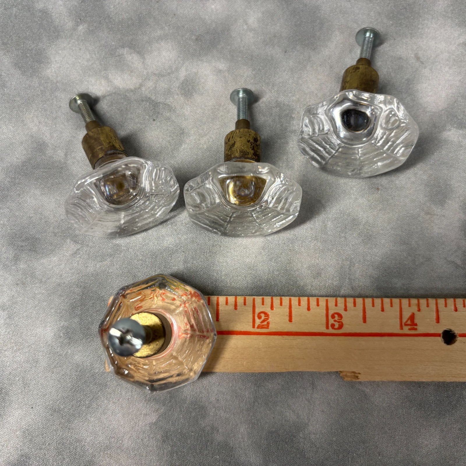 Set of 4 Vintage Glass Drawer Knobs Hexagonal Clear with Brass Center Used