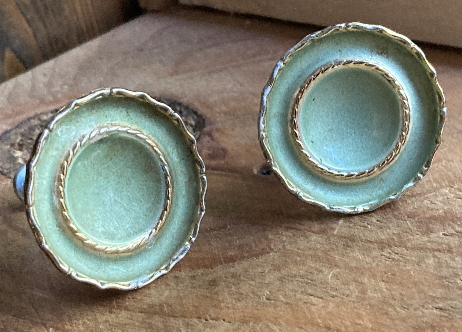 2 Vintage Brass Ajax Drawer Pulls Cabinet Knobs Pearlescent Green Gold Trim