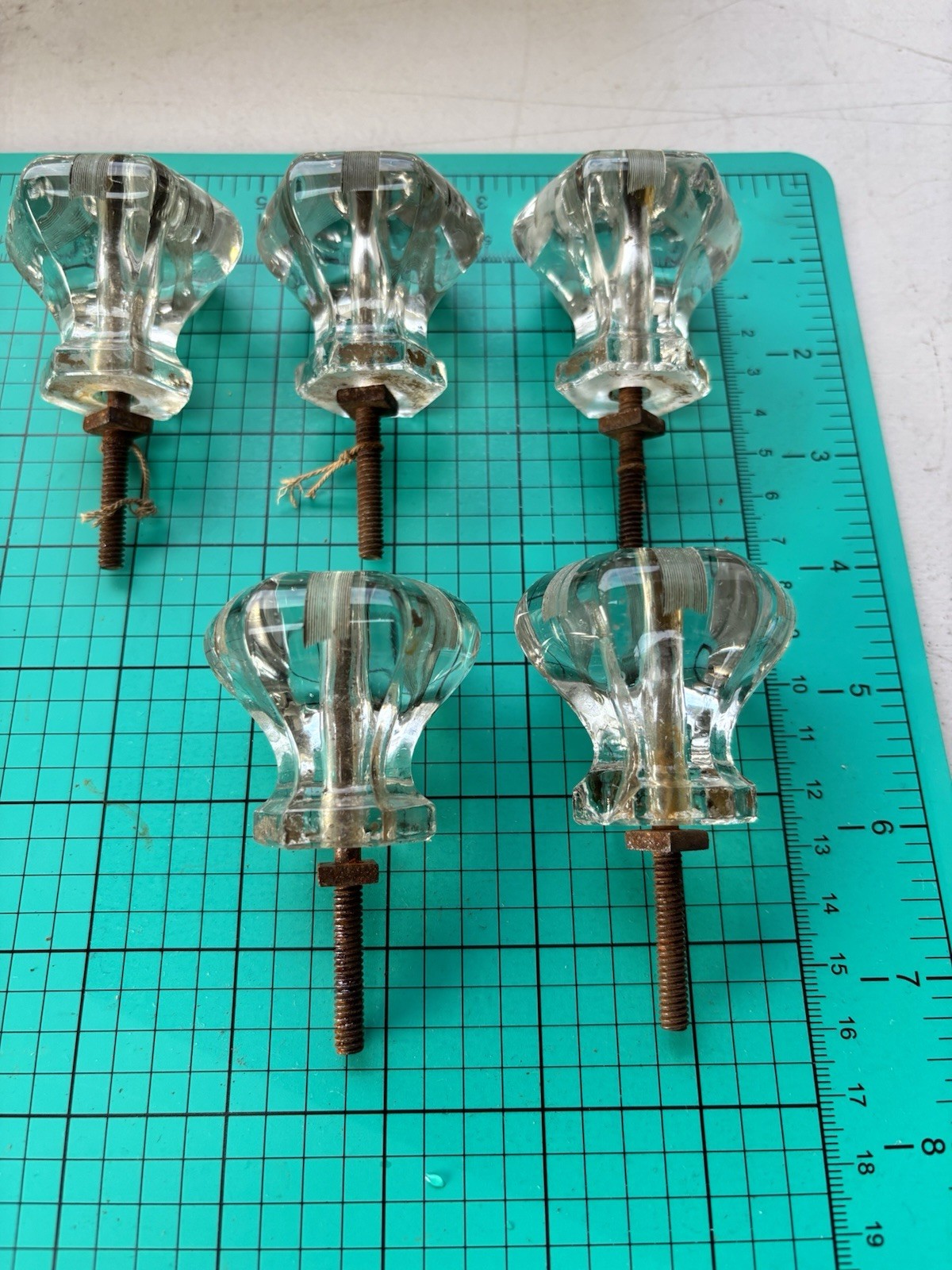 Antique Vintage Hexagon Crystal Glass Door Drawer Knobs Pulls Set Of 5
