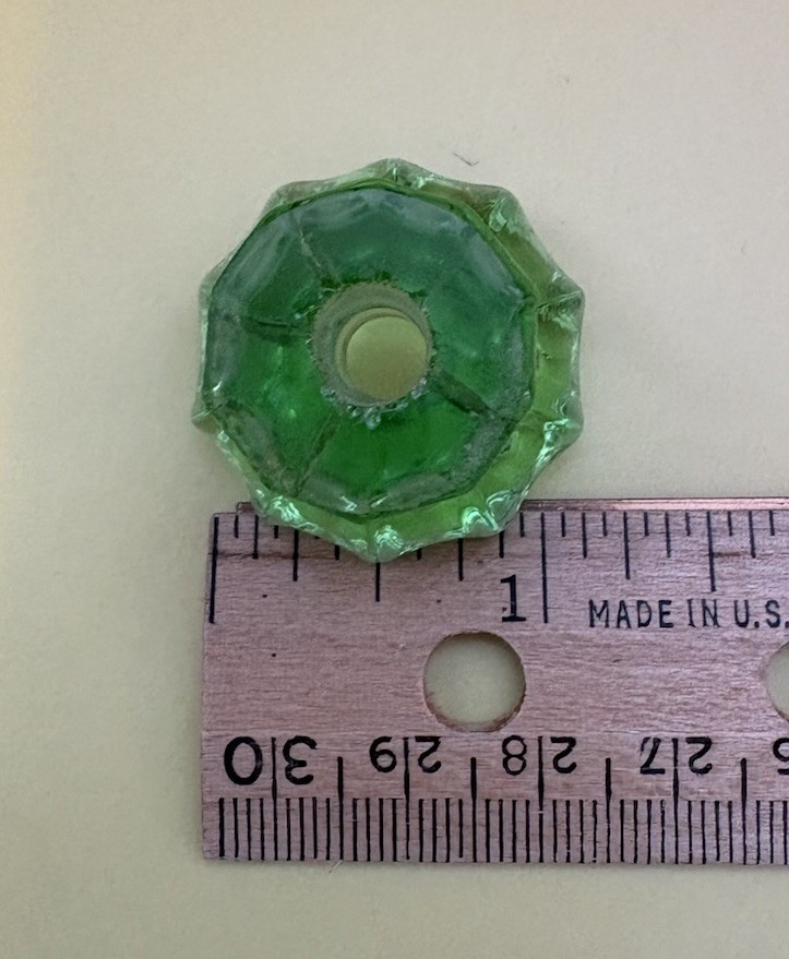 2 Antique GREEN URANIUM DEPRESSION GLASS Knobs Pulls Cabinet 1 1/8”—GLOWS!