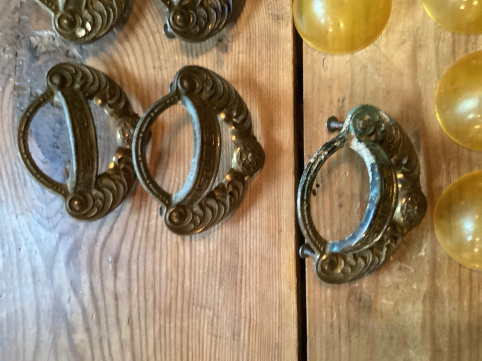 Art Nouveau Style Finger Cup Pulls Gold Bakelite?- Set of 8 – 3″ centers