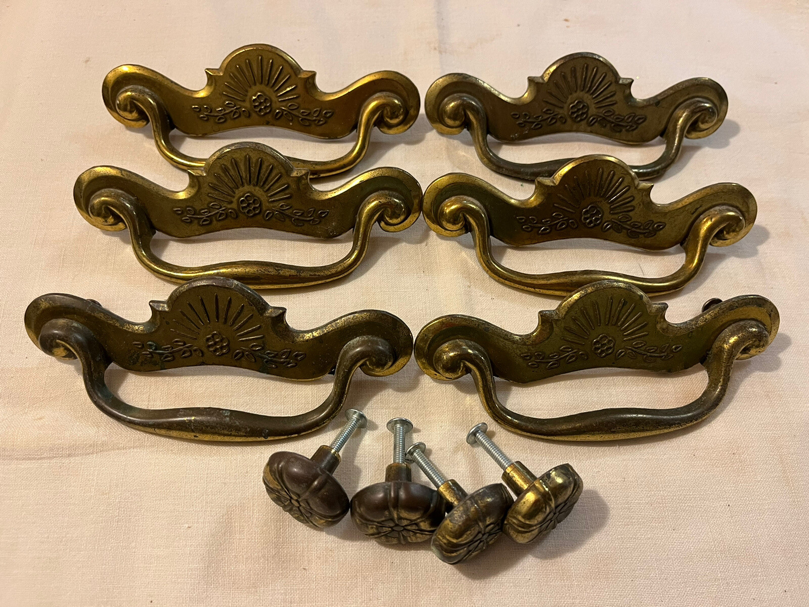 Vtg Mid Century Brass Furniture Hardware (Drop Handles Floral Design & More)