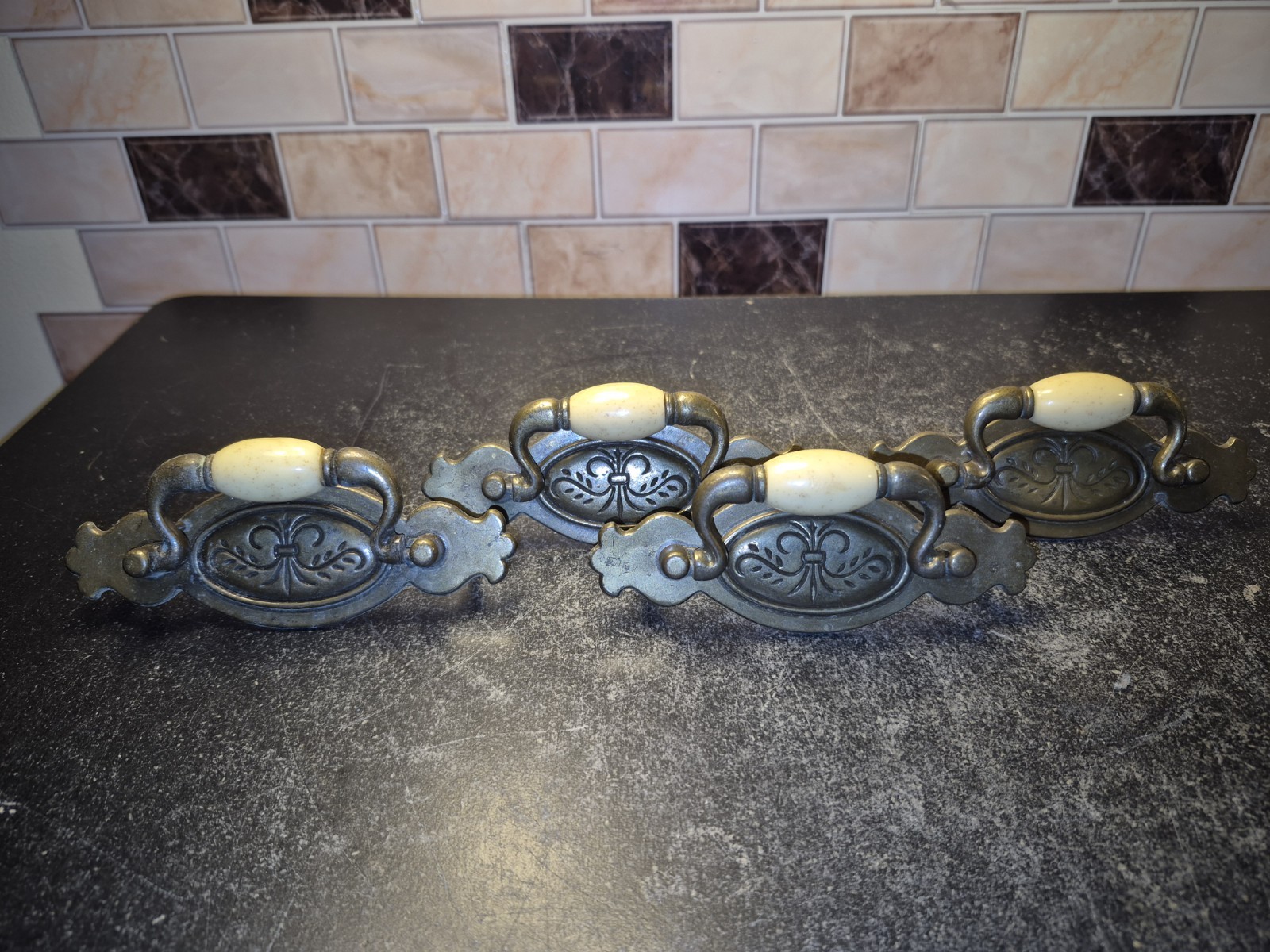 Vintage Brass Hardware Drawer Pulls With Beige Ceramic Center Bead Set Of 6