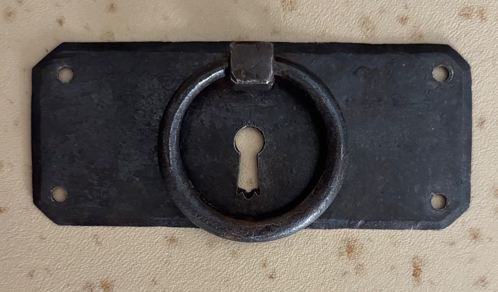 Vintage French Drawer Metal Hardware Drop Ring Pull Keyhole Cover Plate Salvage