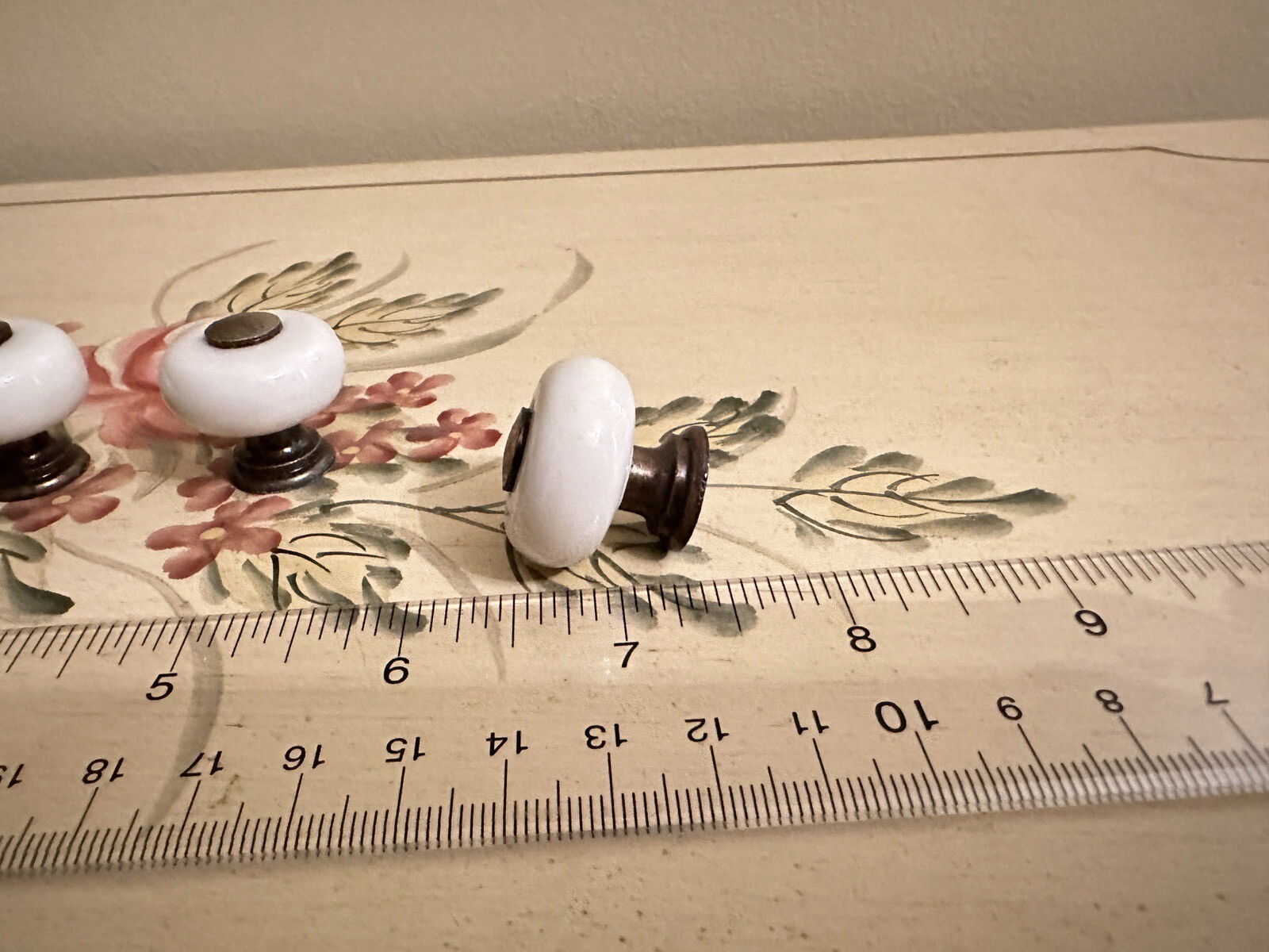 Set of 5 Vintage White Porcelain & Brass Knobs/Pulls~Attic Find~Mushroom Shaped