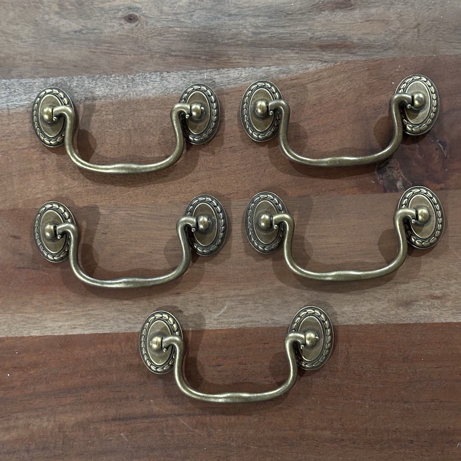 Set of 5 Antique Brass Drop Bail Cabinet Drawer Pulls Handles Dresser
