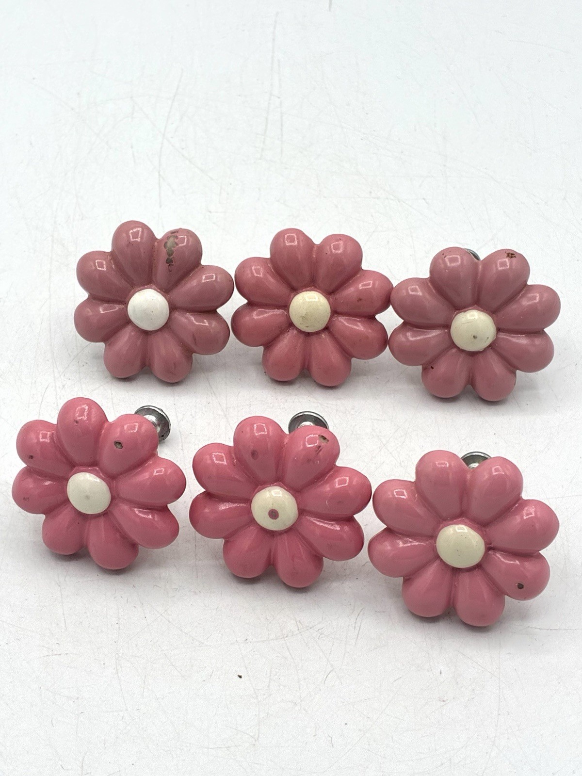 Set of 6 Pink Daisy Flower Drawer Knobs Cabinet Pulls Resin Hardware with Screws