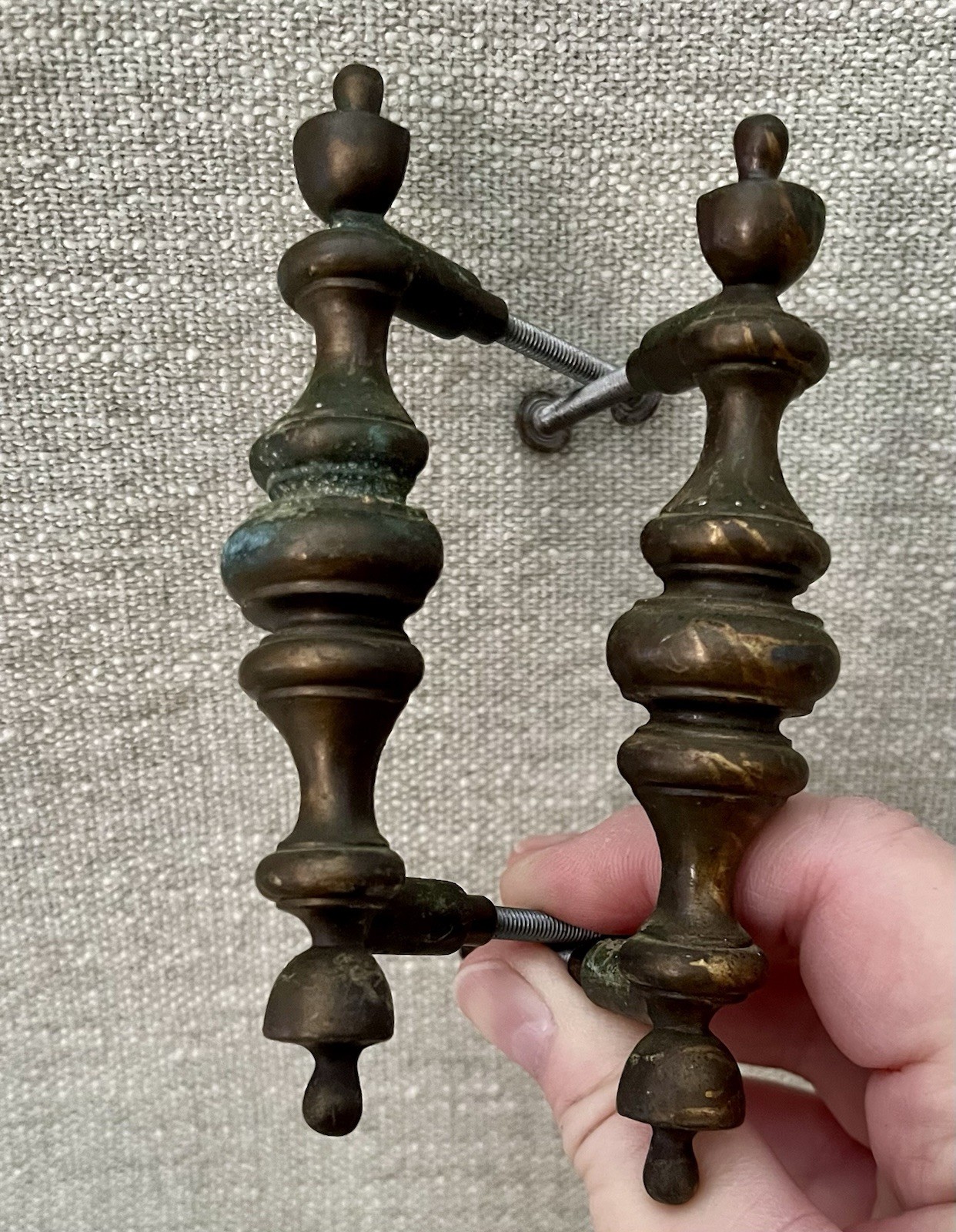 Aged 2 Brass Spindle Elongated Drawer Pulls 3” Center Colonial Traditional 1790