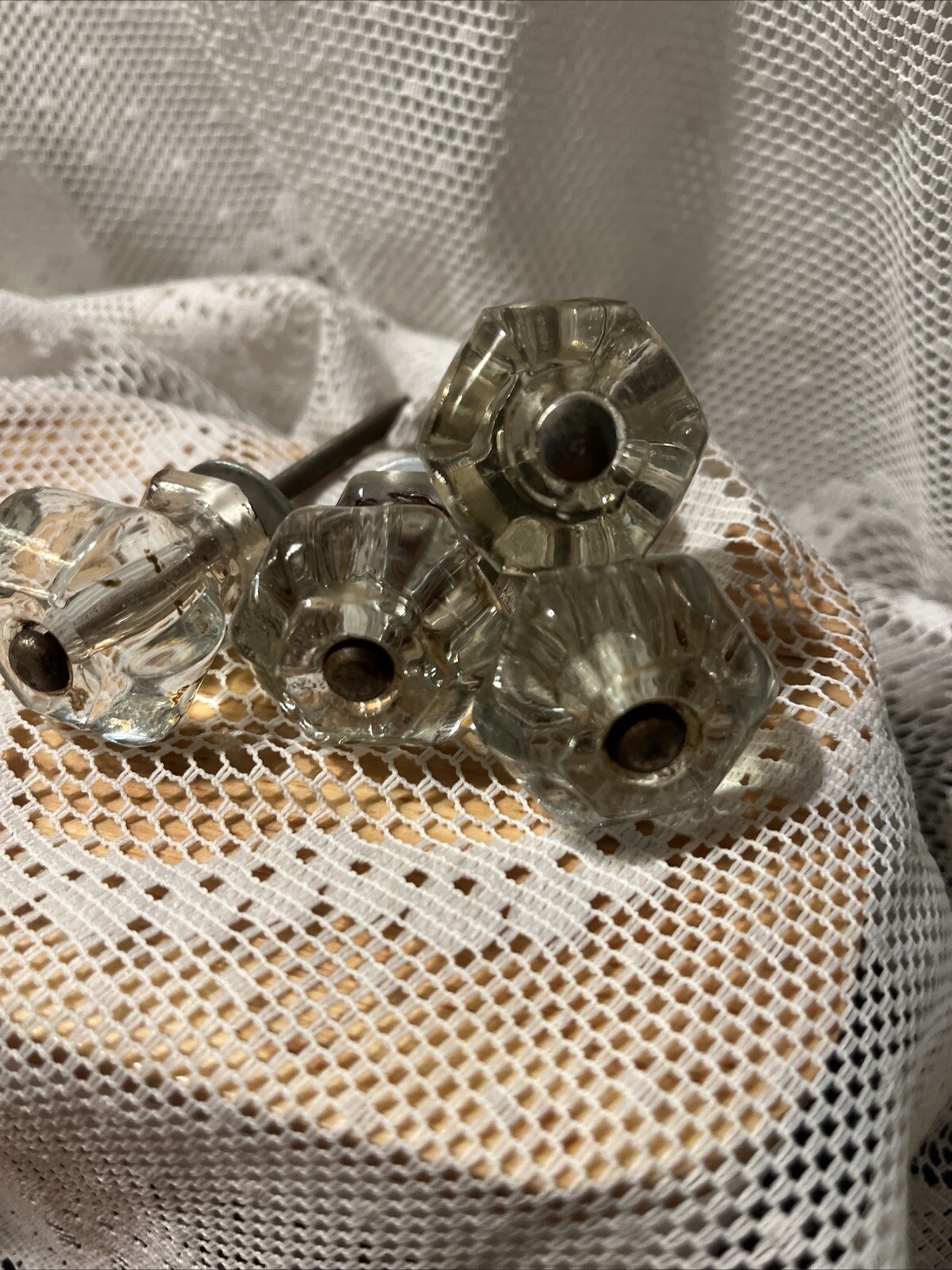 5 Vintage Antique Clear Glass Hexagon Dresser Drawer Cabinet Pulls Knob 1 1/2″