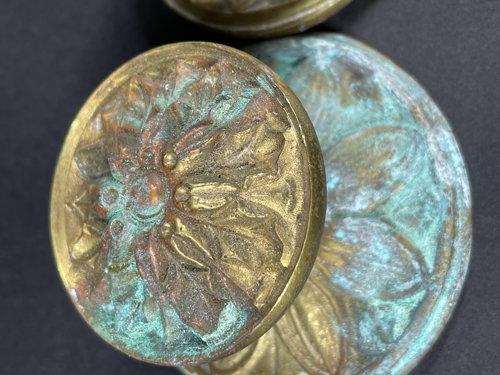 Pair of Antique Brass Round Ornate Foliate Drawer Door Cabinet Pulls Knobs