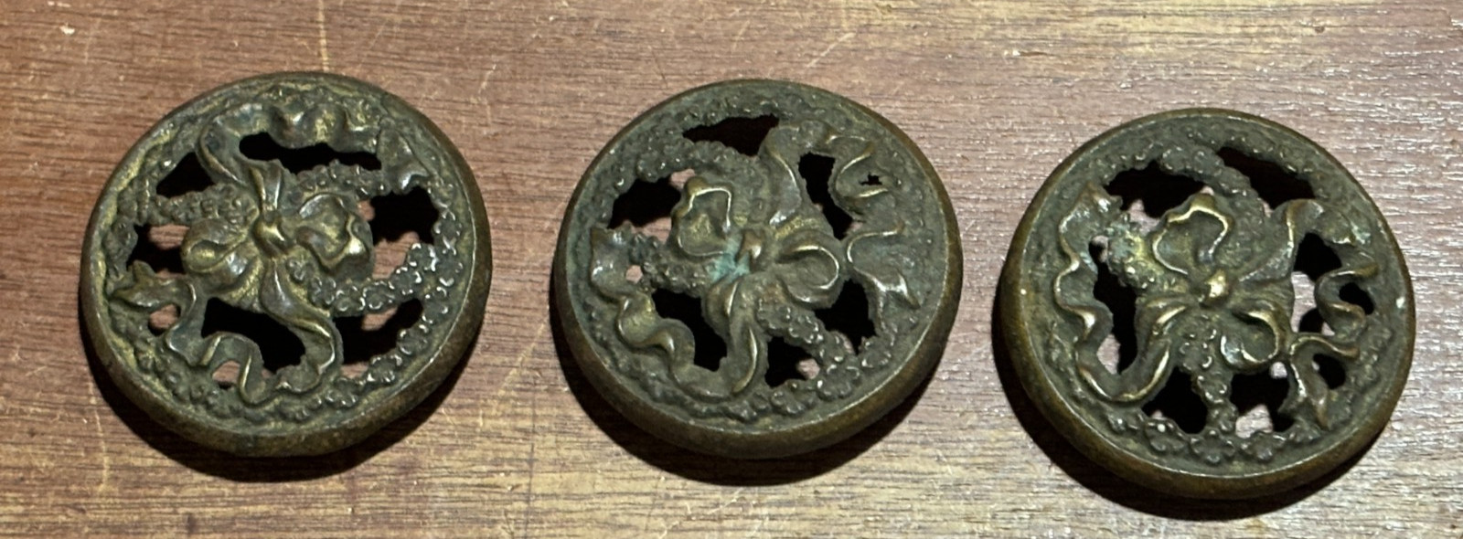 3 Vintage Ornate Round Cabinet Knob Drawer Pulls 2 inch Diameter