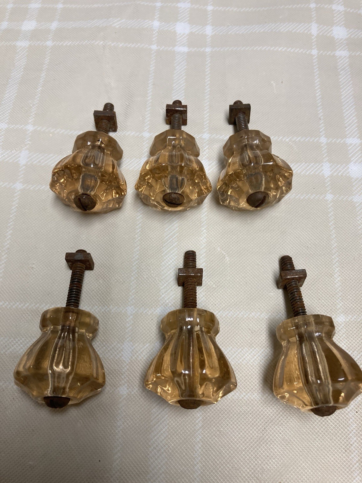 Vtg Lot Of 6 Glass Drawer Pulls Amber Color Hexagon