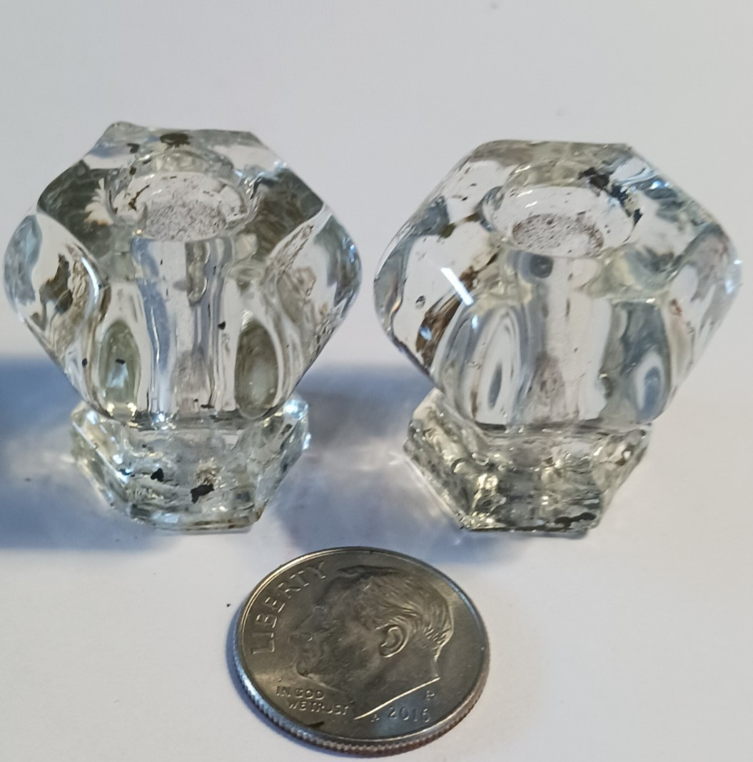 pair Cast Clear GLASS HEXAGRAM Geometric Pulls Drawer Furniture 1″x1″ Vintage