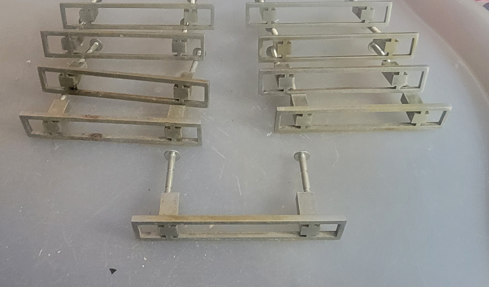Vintage Mid Century Nickel Cabinet Drawer Pulls & Screws 4 1/4″ Long -9 pc Lot