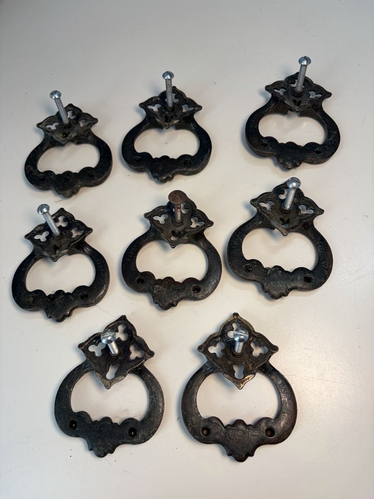Antique/Vintage Metal Furniture Drawer Pulls Lot of 8 With Metal Plates, Screws