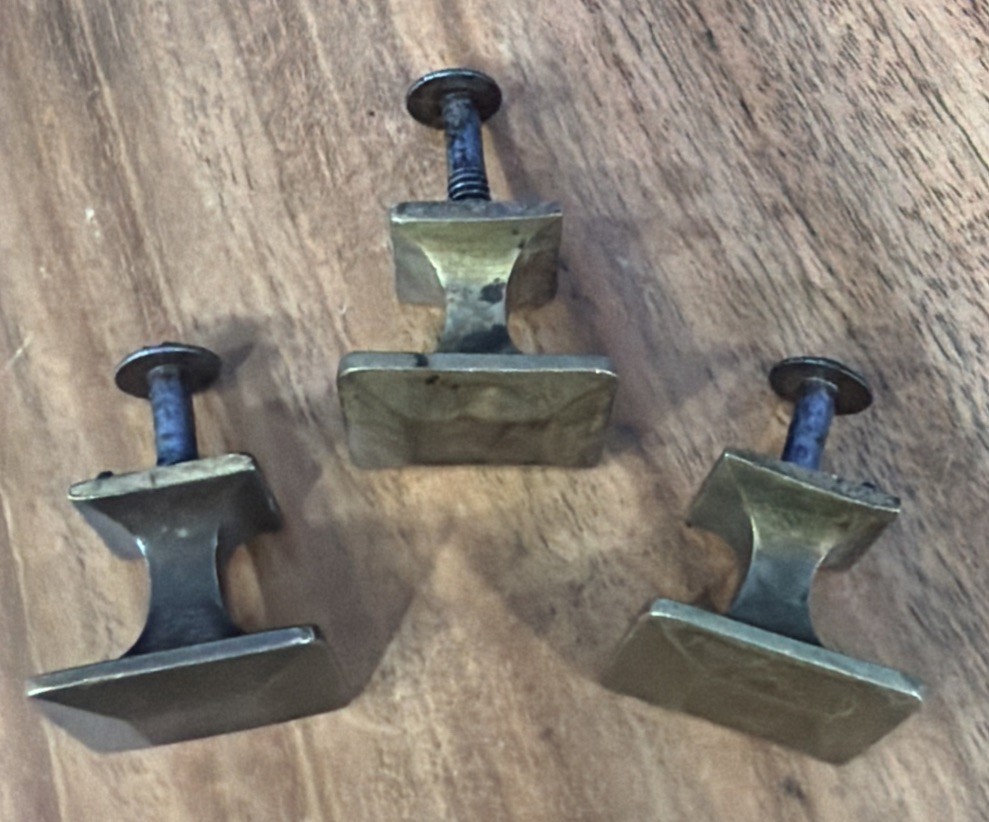 Set of 3 Antique/Vintage Solid Brass Mission Style Drawer Pulls Square Beveled