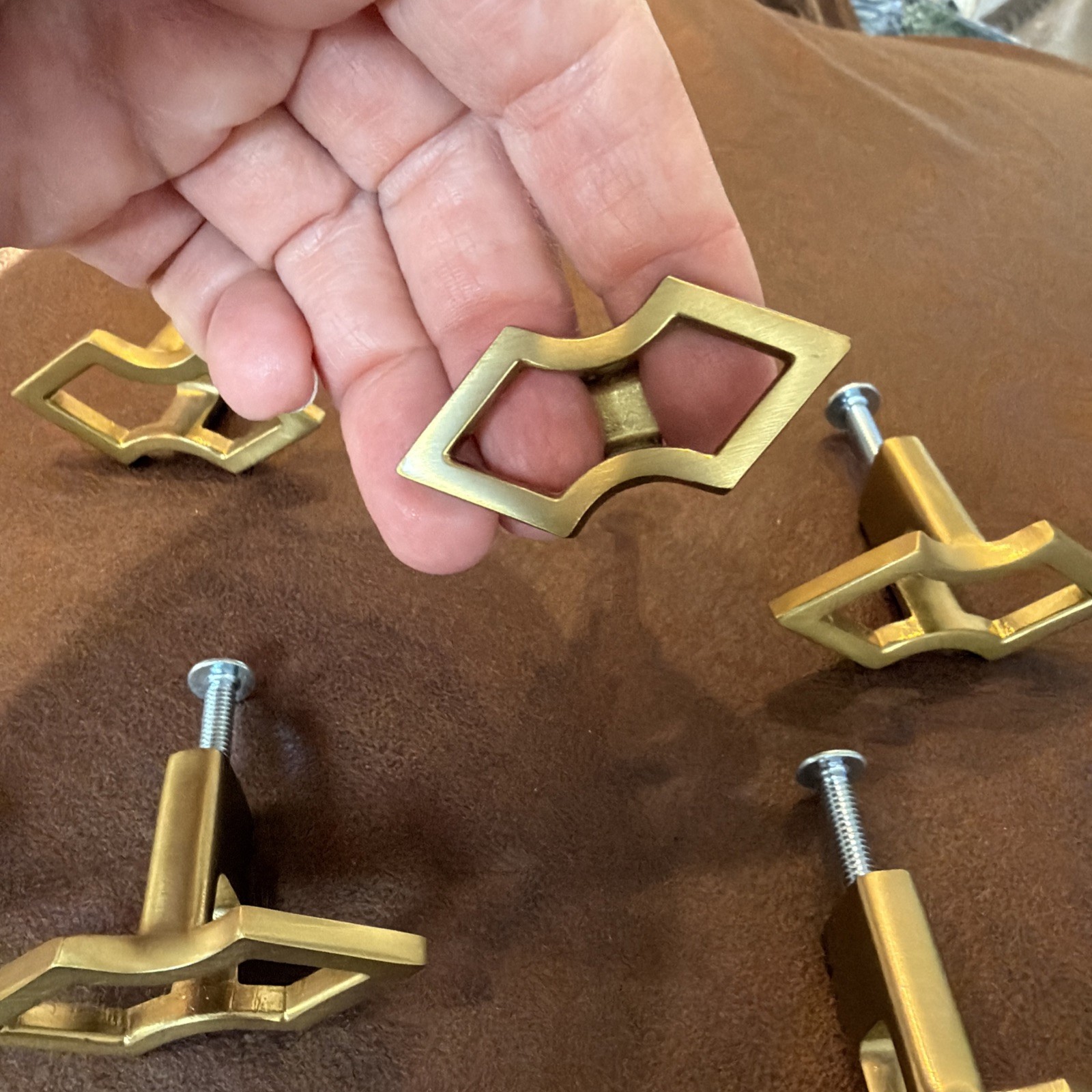 Vintage Set of 6 Solid Brass Geometric Cabinet Drawer Pulls MCM