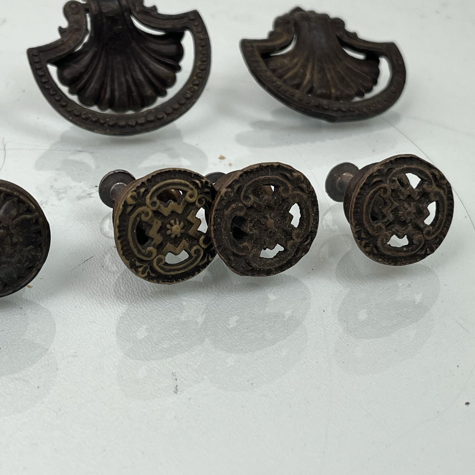 Vintage Victorian Art Nouveau Aged Brass Drawer Drop Pull Shell w/ Knobs LOT