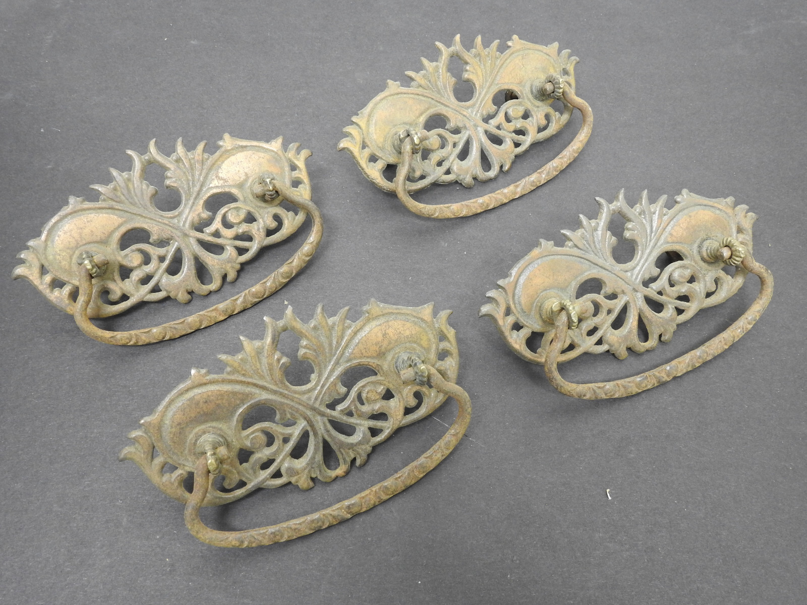 (4) Ornate Antique Cast Iron Drawer Pulls 5″w Bail Drop Handle Copper Flashed