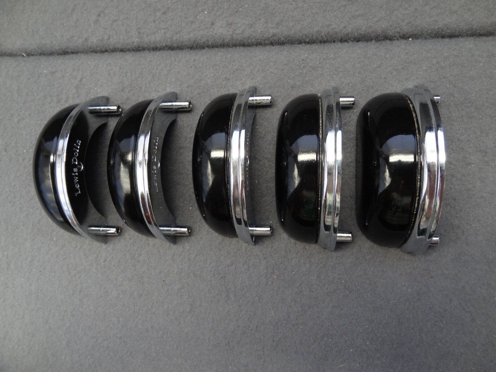 Lewis Dolin (5) Black Glass & Silver Metal Bin Drawer Pulls VTG 3″ On-Center