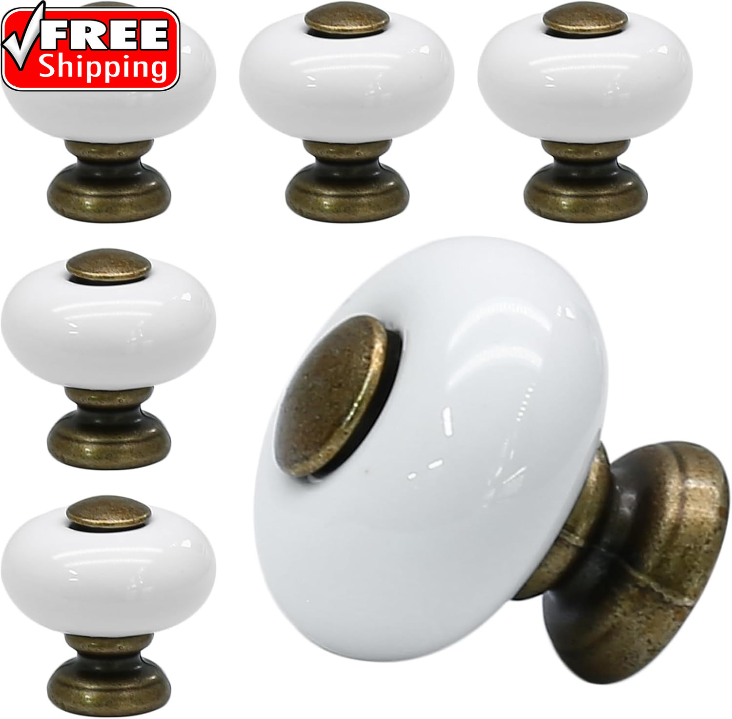 6Pcs White Ceramic Drawer Knobs, Vintage Dresser Knobs with Antique Bronze Point