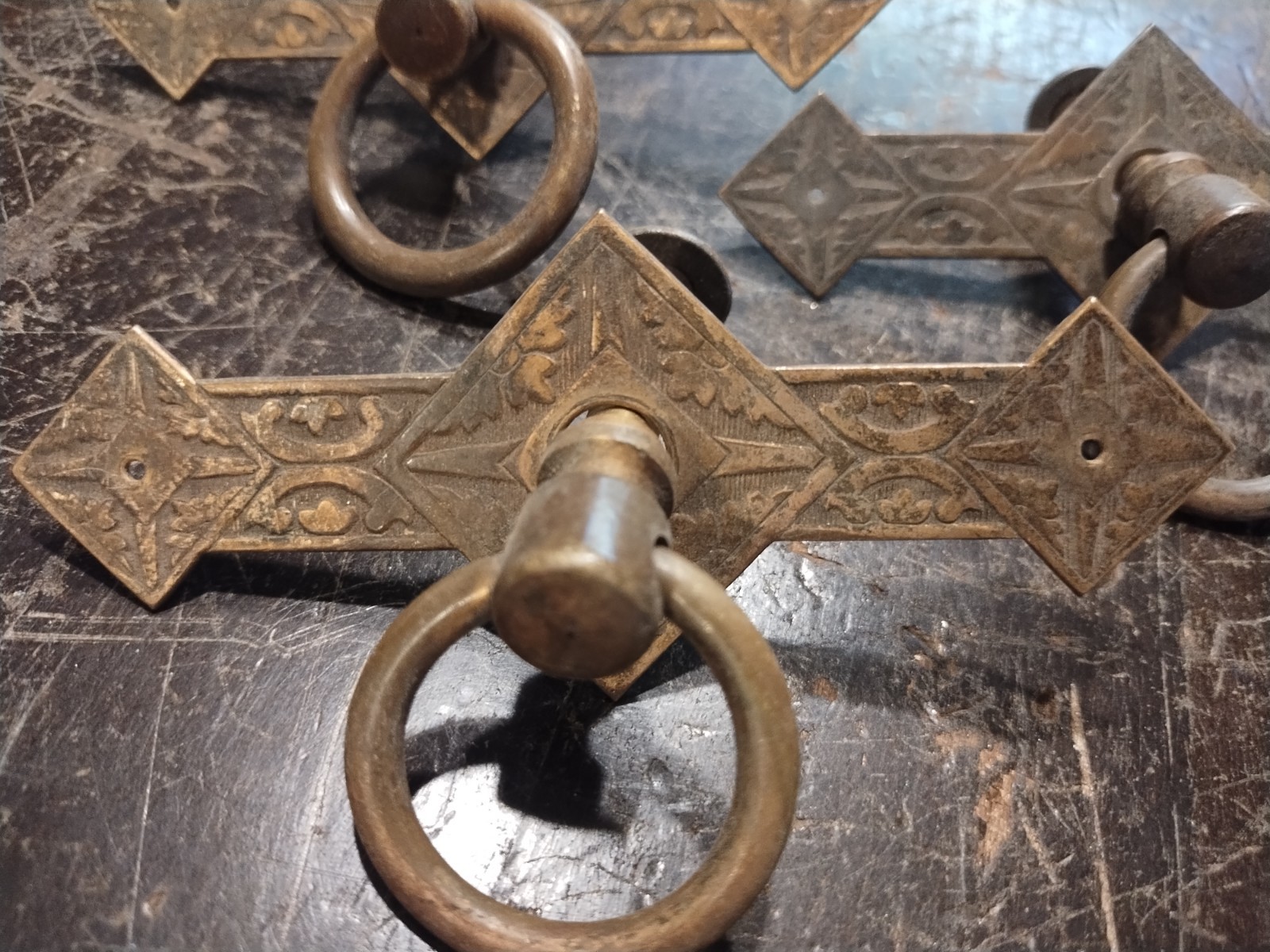 (3) Antique Vtg EASTLAKE Solid Brass Dresser Pulls Ornate Victorian
