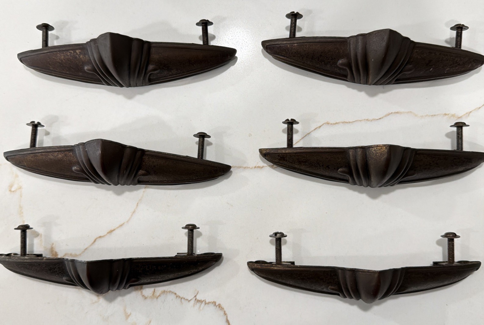 Set of 6 Vintage Art Deco Drawer Pull Handles Copper/Bronze Tone Stamped Steel