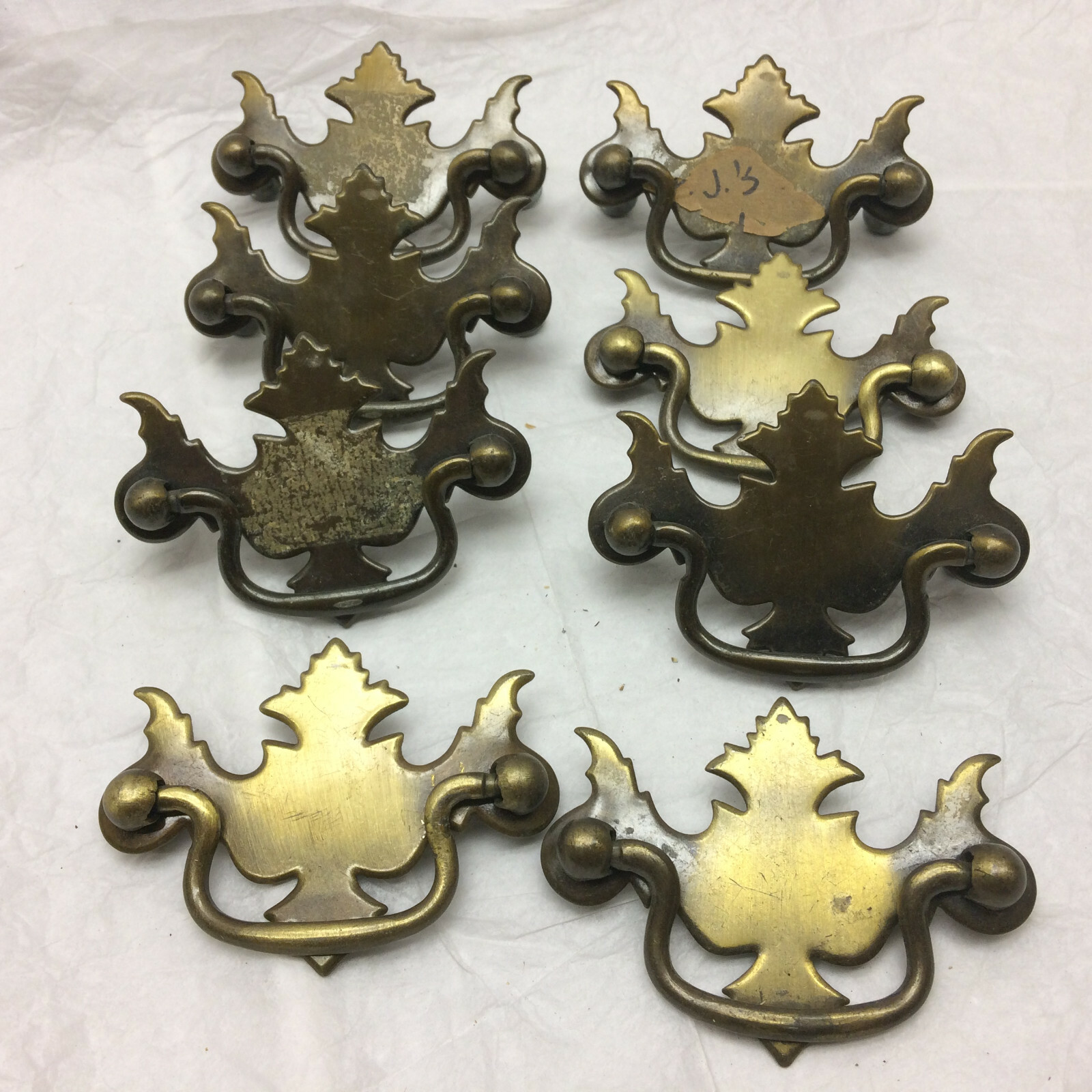 8 Vtg Drawer Pulls Pressed Tin Metal Ornate Design DIY Project Hardware floral