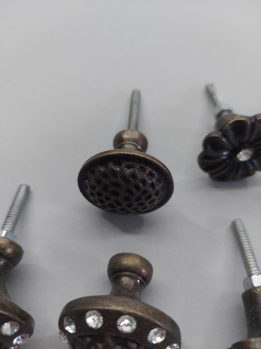 Lot 8 Metal Knobs Drawer Pulls Ornate Floral Embellished Brown Rhinestone