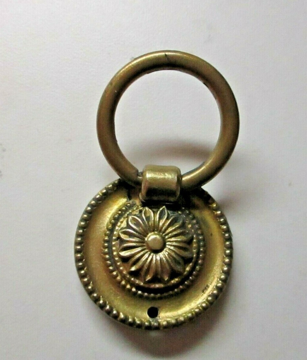 Solid Cast Brass 1850s Floral Drop Ring Pull Handle Flower 1-1/4″ Round Antique