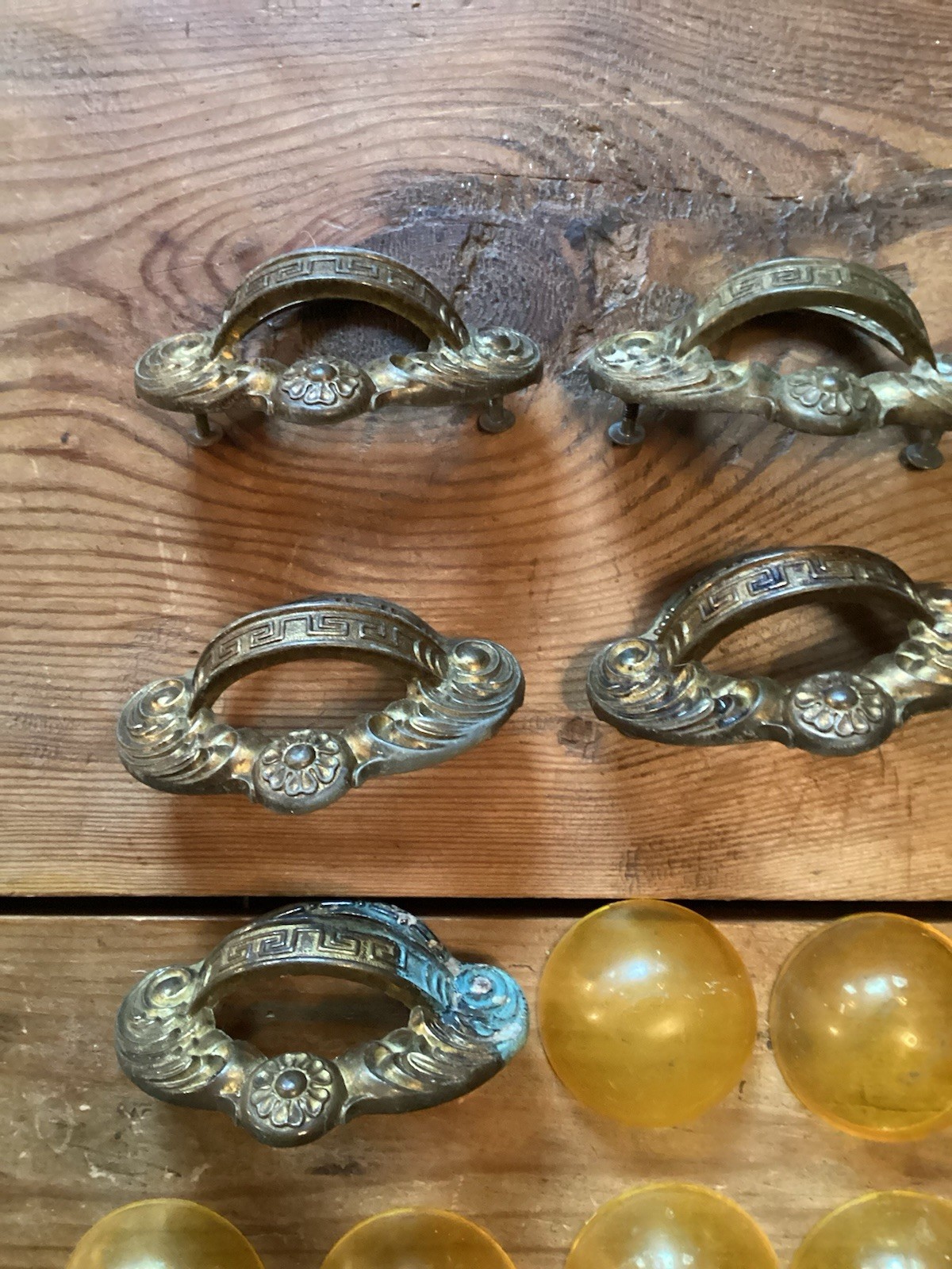 Art Nouveau Style Finger Cup Pulls Gold Bakelite?- Set of 8 – 3″ centers